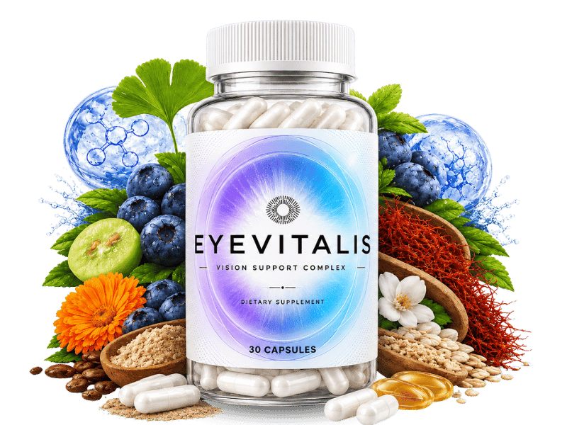 EyeVitalis Vision Support Complex bottle surrounded by bilberry, marigold, ginkgo and saffron ingredients