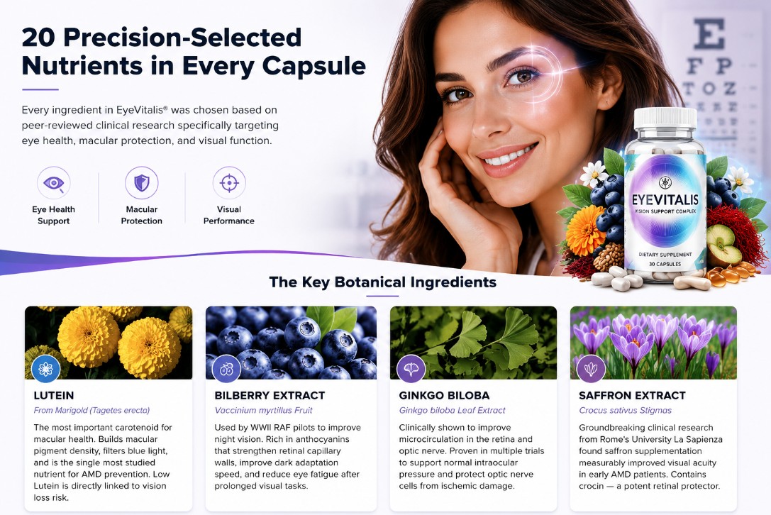 EyeVitalis key botanical ingredients: Lutein, Bilberry extract, Ginkgo Biloba and Saffron extract